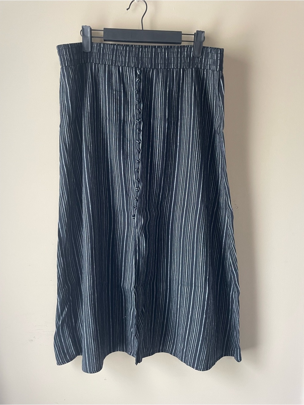 LOFT Navy and White Striped Button-Front Midi Skirt